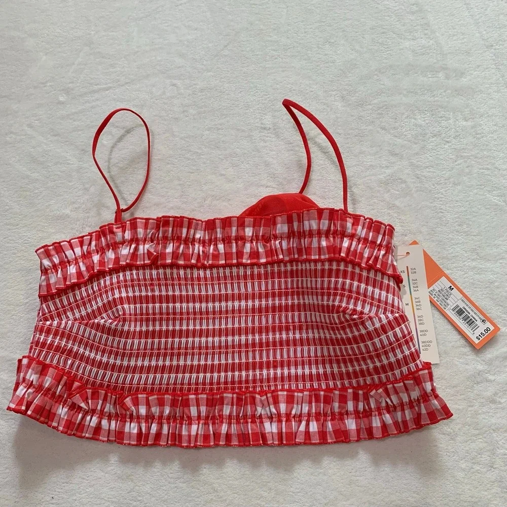 Colsie red‎ white plaid gingham check smocked bralette size medium new cotton